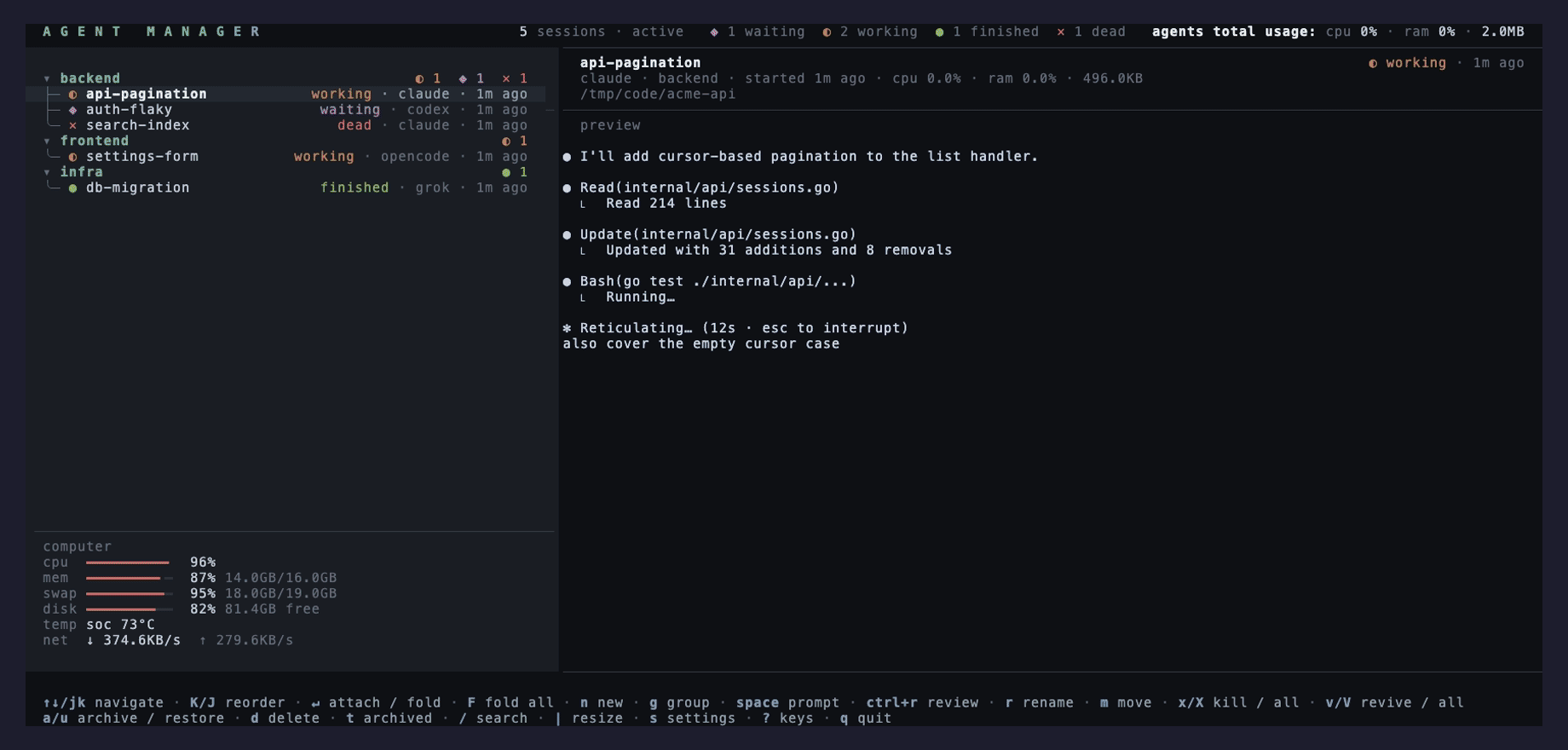 Animated demo of the review screen: scrolling a changed Go file side by side with the original, then jumping to the next changed file.