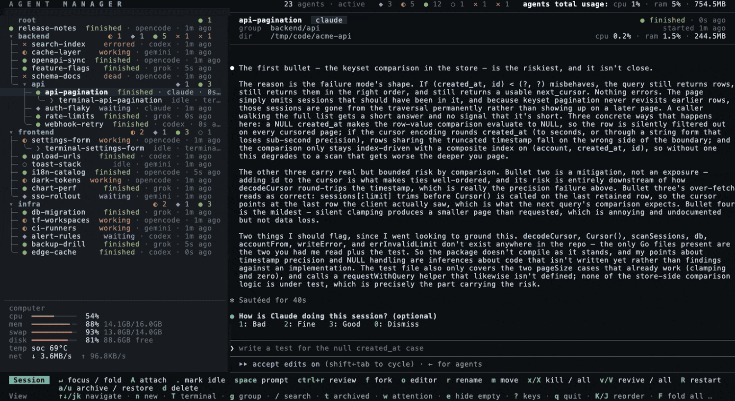 Animated demo: space opens the prompt bar and three sessions in a row are answered straight into their panes, each turning from finished to working, then the cursor lands on a group and five more agents are spawned into it from the same bar.