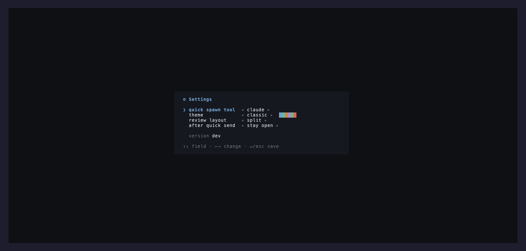 The settings screen with the theme picker and a strip of palette swatches beside the theme name.